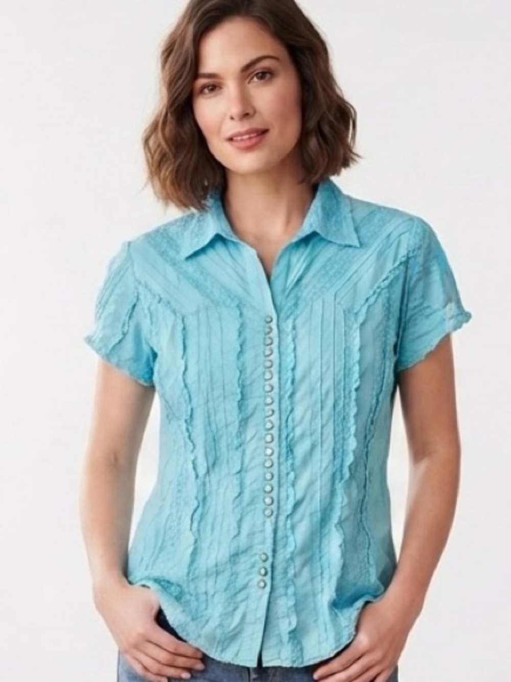 Scully Turquoise Western Shirt M Short Sleeve Lace Ruffle Pintuck Pearl Snaps